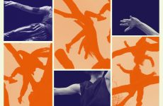 A graphic image coloured in hues of orange and indigo, depicting parts of dancers' bodies whilst in motion