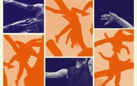 A graphic image coloured in hues of orange and indigo, depicting parts of dancers' bodies whilst in motion
