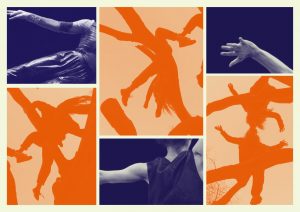 A graphic image coloured in hues of orange and indigo, depicting parts of dancers' bodies whilst in motion