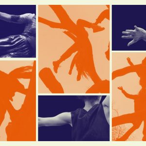 A graphic image coloured in hues of orange and indigo, depicting parts of dancers' bodies whilst in motion