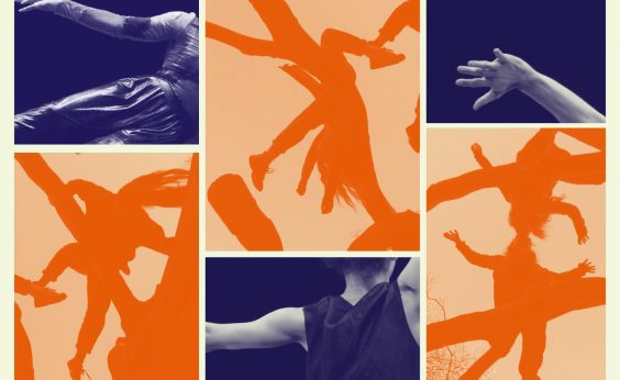 A graphic image coloured in hues of orange and indigo, depicting parts of dancers' bodies whilst in motion